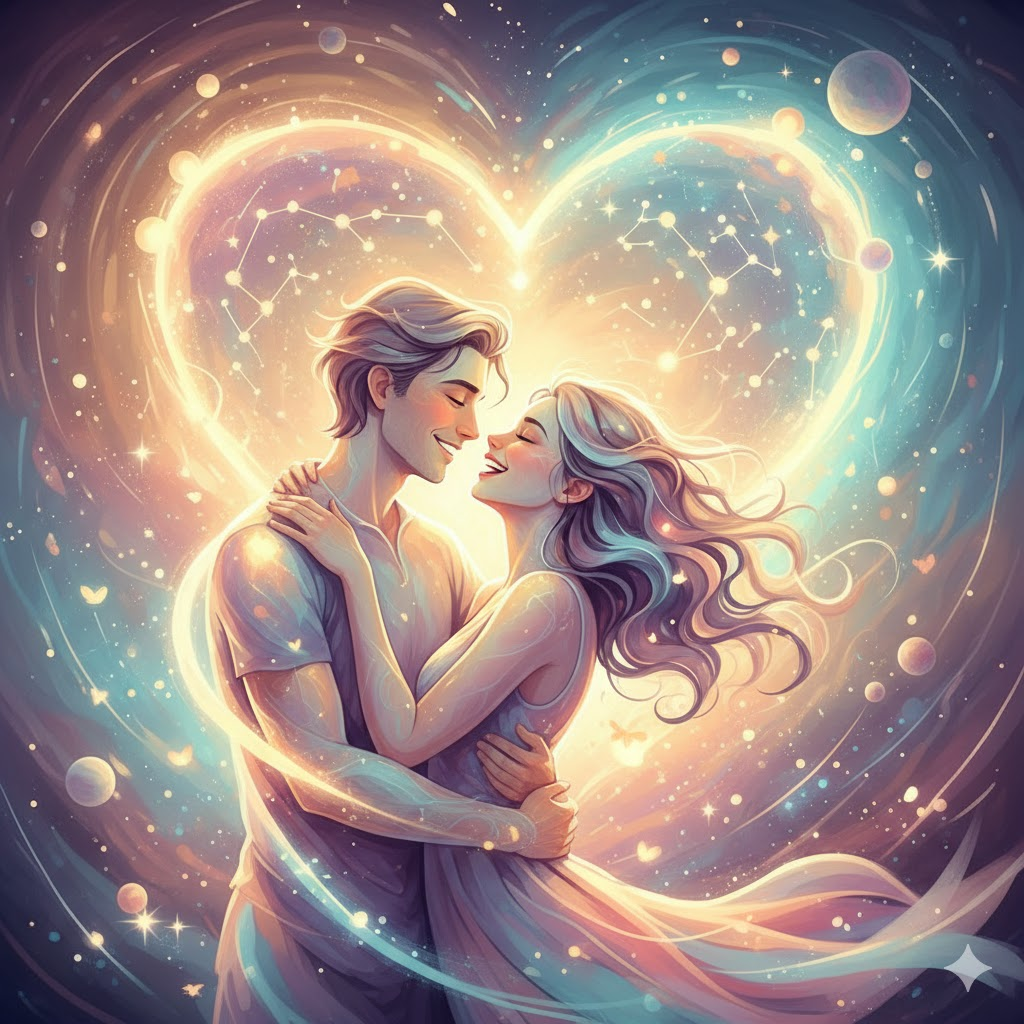 Нарисуй красивое концептуальное изображение счастливой влюбленной пары 