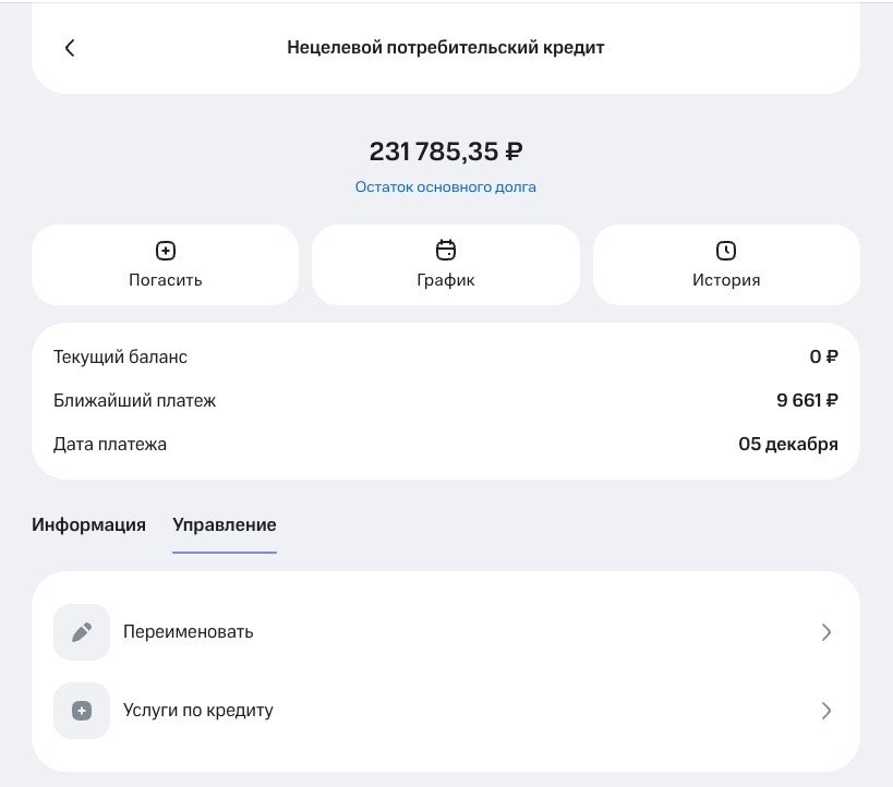 Пример карточки кредита в итнернет-банке (цифры скорректированы)