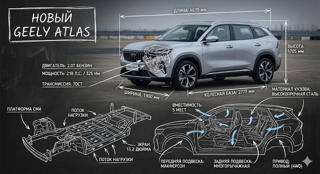 Инфографика в стиле чертежей за 10 секунд пример на Geely Atlas