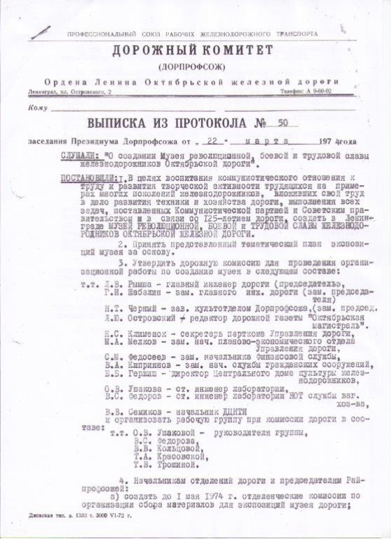 Выписка из протокола Дорпрофсожа 22 марта 1974 года. Источник: rzd-museum.ru