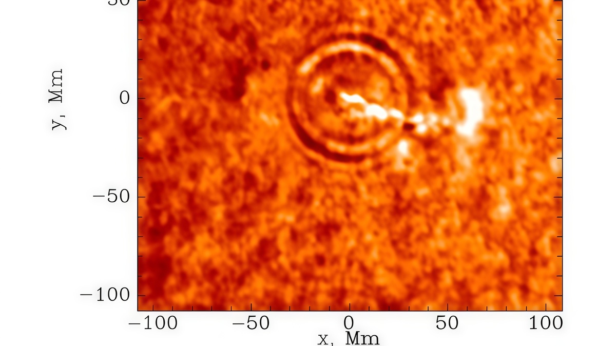 Изображение первого зафиксированного солнцетрясения, сделанное инструментом MDI на борту космической обсерватории SOHO. Источник: (NASA/ESA).