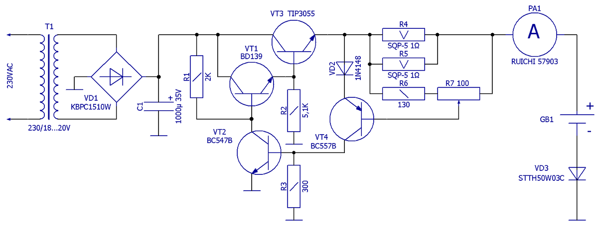 Схема электрическая принципиальная ЗУ-стабилизатора тока для LEAD-ACID