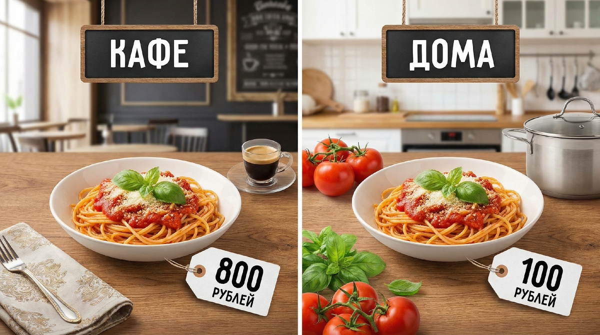 Паста в кафе стоит 800 рублей, а я готовлю за 100 рублей.