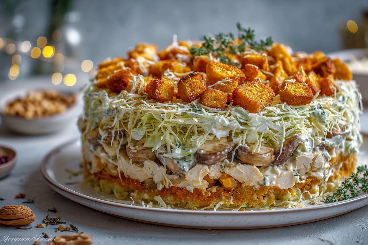    Сухарики кладём за 5–10 минут до подачи, чтобы они остались хрустящими