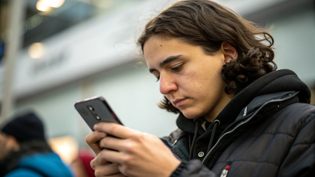 Человек в телефоне. Фото: Изображение сгенерировано FusionBrain.AI от Sber AI