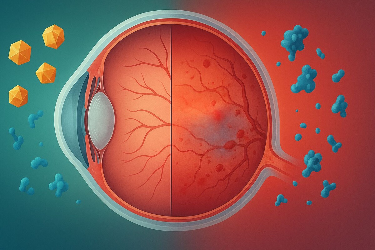 Инсулинорезистентность повреждает микрососуды сетчатки за годы до диагноза «диабет». Слева — здоровая сетчатка с нормальным кровоснабжением. Справа — ранние признаки диабетической ретинопатии: микроаневризмы, отёк, кровоизлияния.