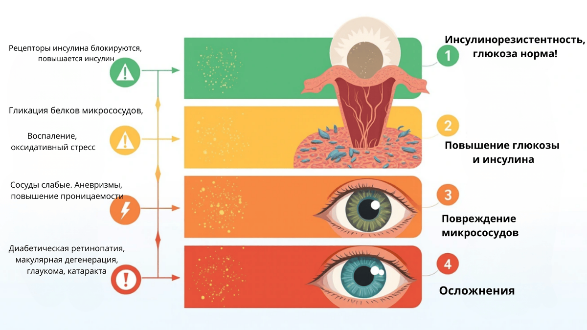Путь от инсулинорезистентности до потери зрения занимает годы. Каждый этап обратим, если вмешаться вовремя. Чем раньше восстановите чувствительность к инсулину — тем больше здоровья сетчатки сохраните. "Если вам стало труднее водить в темноте или видеть в сумерках — это может быть первым звонком"