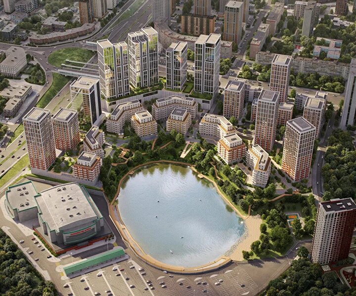 Смоделированный 3-D макет жилого комплекса Город-на-Озере от надежного застройщика БРУСНИКА