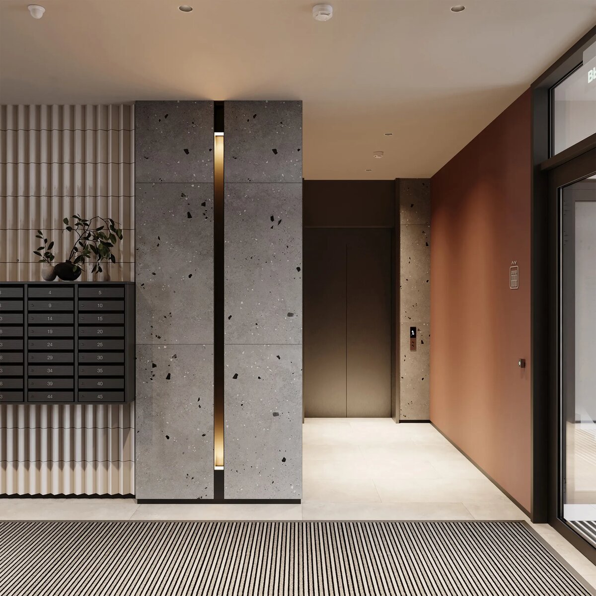 Визуализация входных групп в новом проекте жилой комплекс Город на Озере, все будет выполнено из структурированного,архитектурного бетона, натурального широкоформатного керамогранита , подъезды будут окрашены в классный трендовый цвет терракотовый 