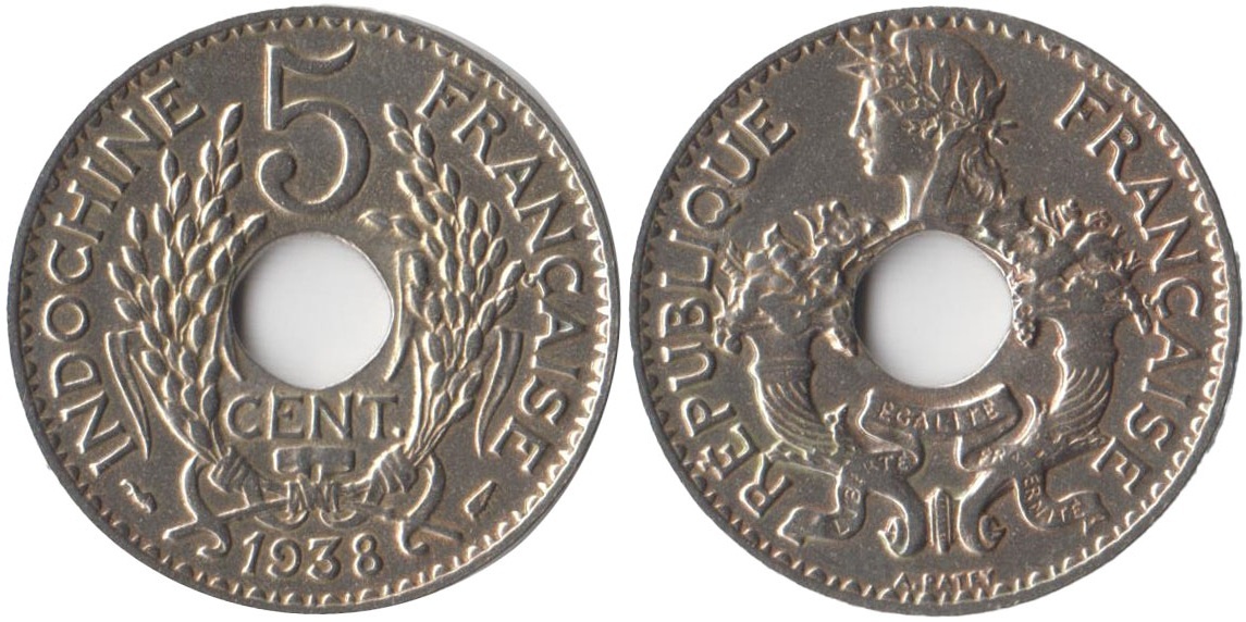 Монета 5 сантимов 1938 г. Французского Индокитая