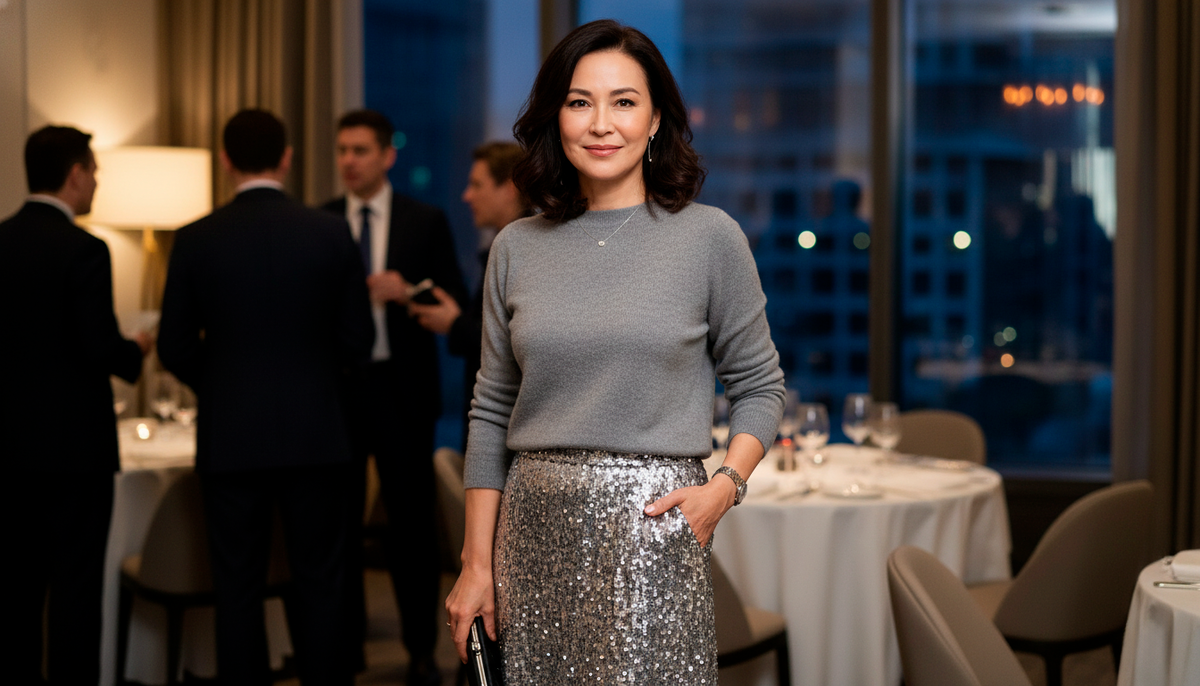 Идеальный баланс. Мы «успокаиваем» яркий блеск юбки уютным матовым свитером. Такой образ говорит о хорошем вкусе: вы нарядная, но не старались слишком сильно.