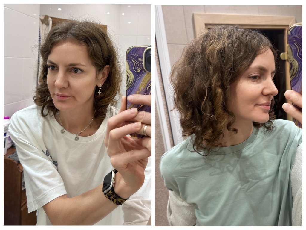 1 фото - волосы на следующий день после мытья старым шампунем. Объем ушел. 2 фото - волосы на 3ий день после мытья головы мицеллярным шампунем Anna Gale! Объем и завитки сохранились. Волосы живые и блестящие. 