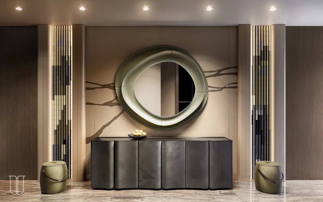 Зеркало Lumen Melody, комод Onda и пуфы Jellybean от бренда FiftyFourms