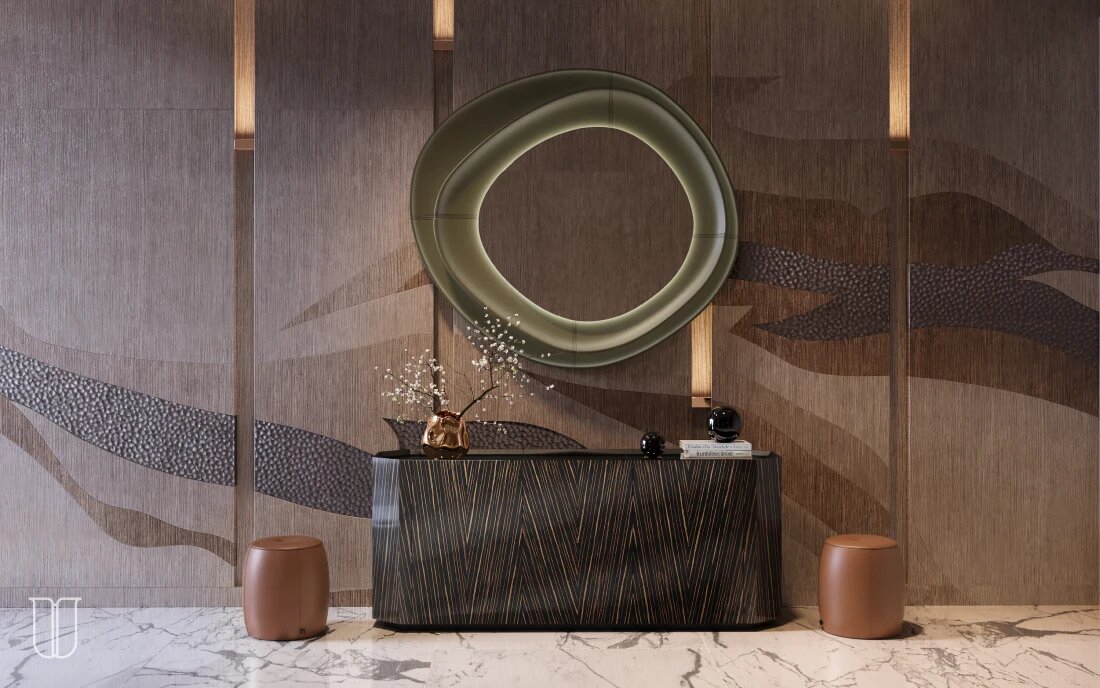 Комод Vessel, зеркало Lumen Melody и пуфы Jellybean