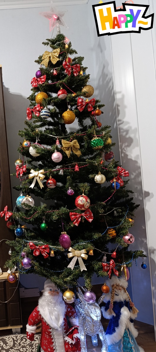 Наша новогодняя красавица ( в этом году по семейной традиции украшенная исключительно шариками), но с "обновой" - Дедом Морозом и Снегурочкой, приехавшим к нам из братской Беларуси. Кстати, борода Деда Мороза после приезда Глебки основательно поредела всего за один день. А впереди ещё одиннадцать дней праздников. 🤣🤣🤣