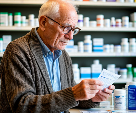 Старик стоит у прилавка аптеки, держа рецепт