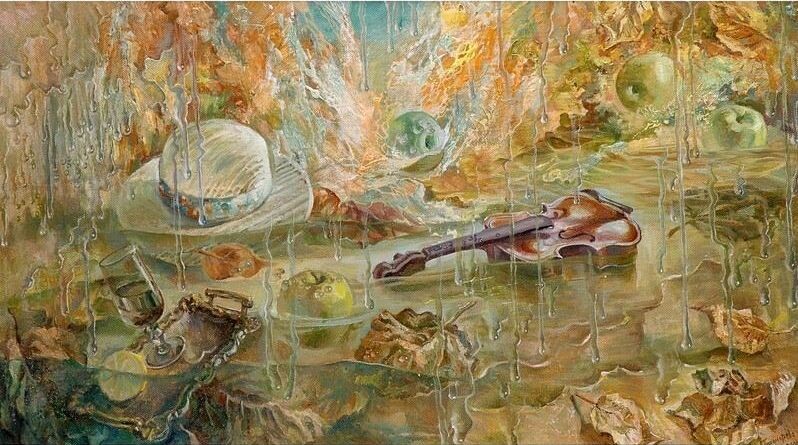 © Любовь Пономарёва.   Уплывающее лето. Оргалит, масло. 110 х 65см. 2000.