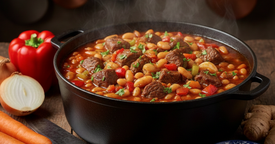 Обалденно фасолевый гуляш с мясом, готовится всё в одной кастрюле. Запас еды на неделю