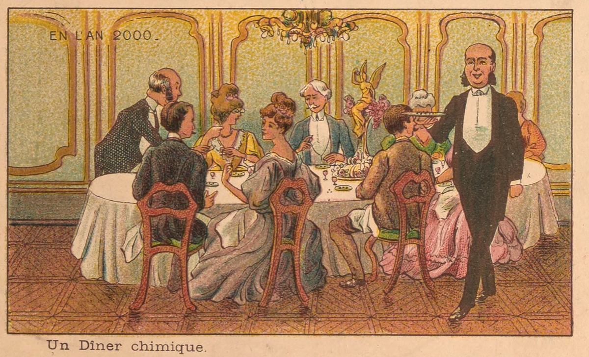 Жан-Марк Коте, «Химический ужин», «В 2000-м году». Литография Villemard и сын (Париж), 3-я серия, 1910