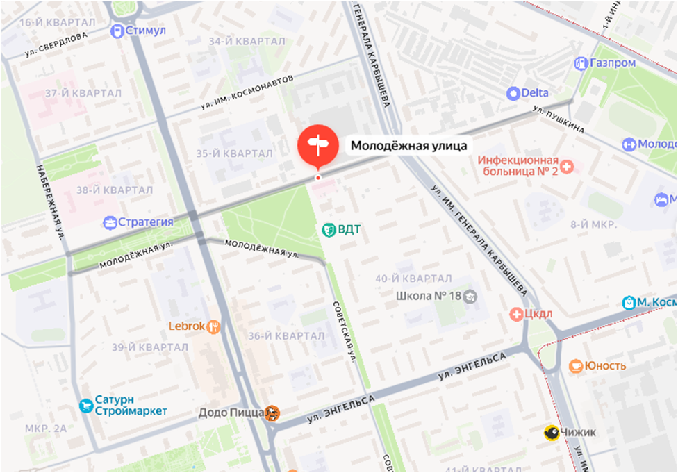 Улица Молодёжная на карте города Волжского.