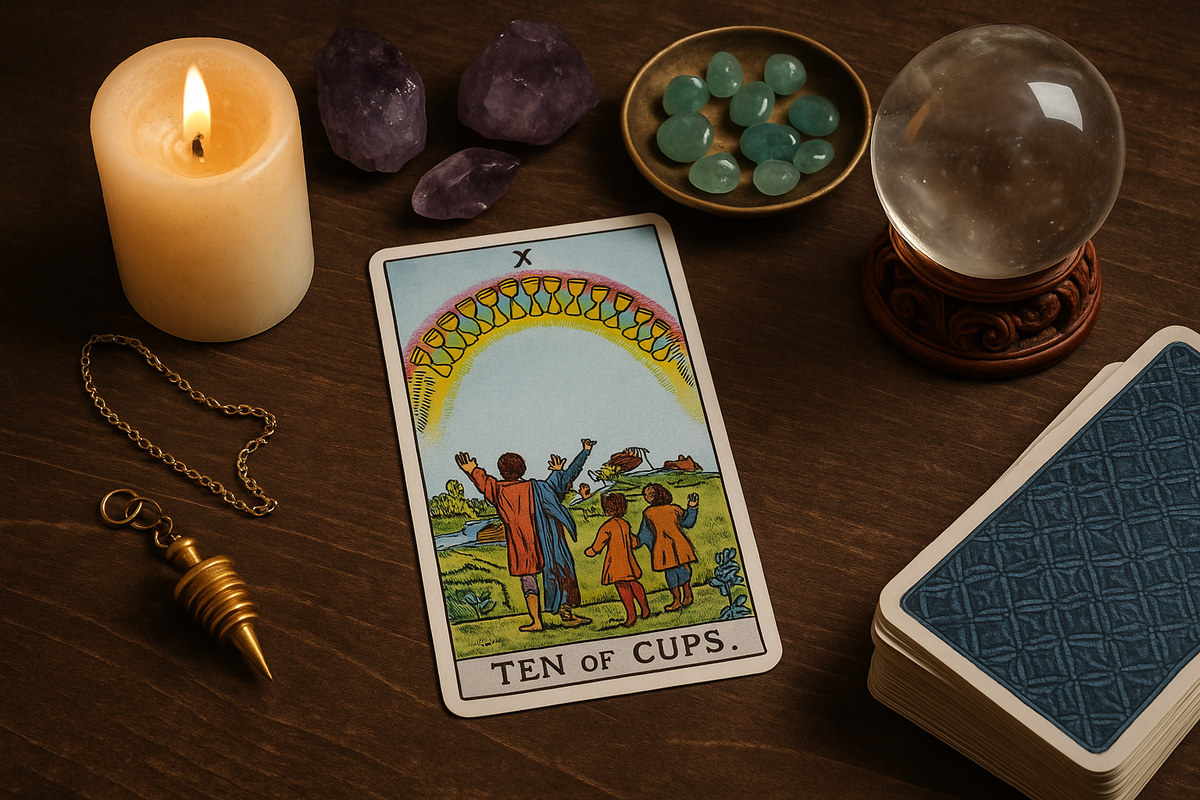 Тёплая сцена гадания: Десятка Кубков раскрывает, куда движется ваше чувство дома.
