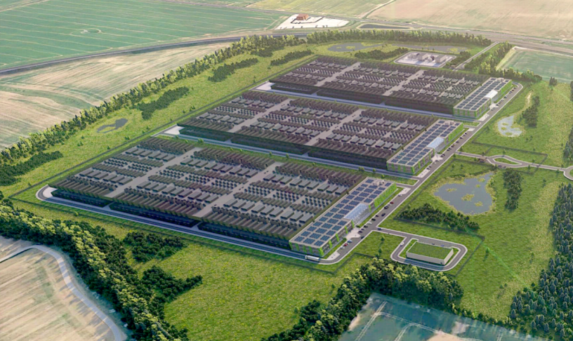 На иллюстрации: План дата-центра для обработки ИИ-данных в северном Линкольншире (Lincolnshire), в Великобритании. Введение в строй этого, одного из крупнейших в Европе, дата-центра затормозилось из-за проблемы с водоснабжением систем охлаждения.