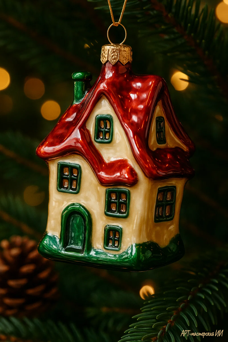 Иллюстрация: новогодняя игрушка «Дом, который построил Джек», созданная специально для канала «АРТ-мастерская ИИ».