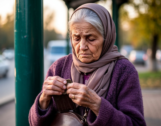 Пожилая женщина  стоит у автобусной остановки,