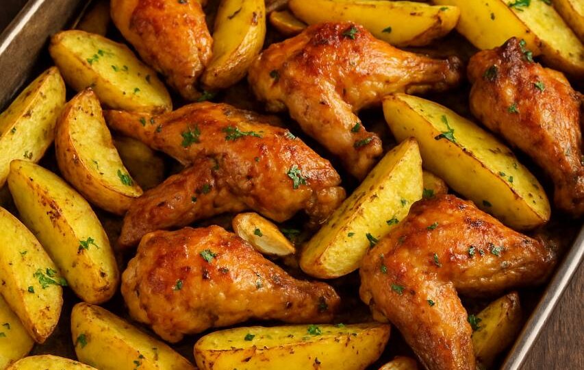 Картофель по-деревенски на новом уровне: запекаем с чесноком и куриными крылышками
