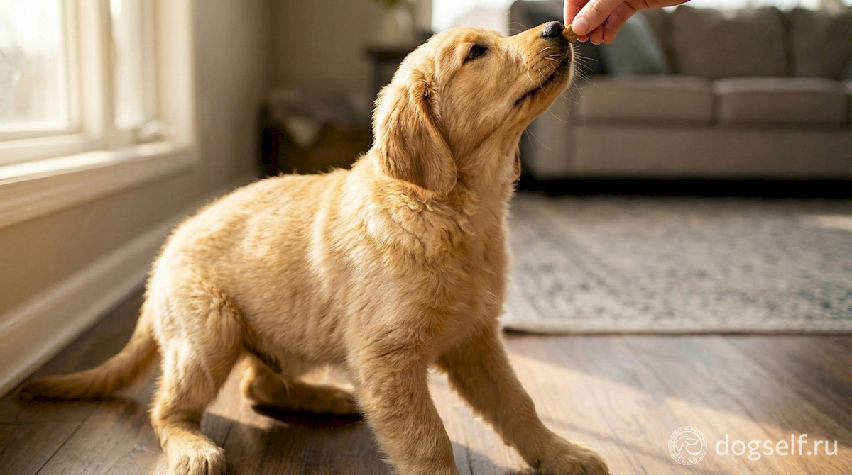 Секрет в биомеханике собаки: ведите руку с лакомством от носа вверх и чуть назад – щенок сядет сам, естественно и без принуждения | Иллюстрация: DogSelf