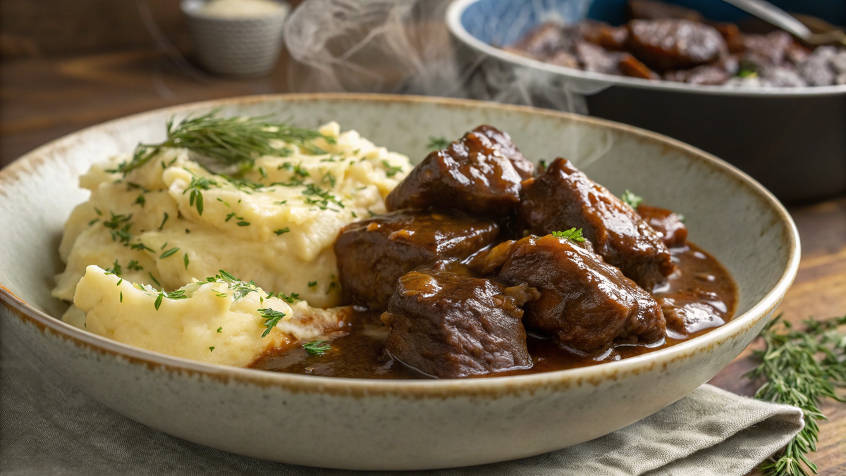 Тарелка с горячей говядиной по-домашнему и картофельным пюре