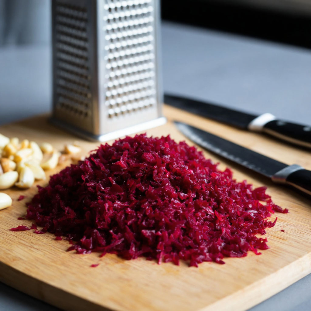 Натрите свёклу на крупной тёрке (не мелко — иначе превратится в пасту).  