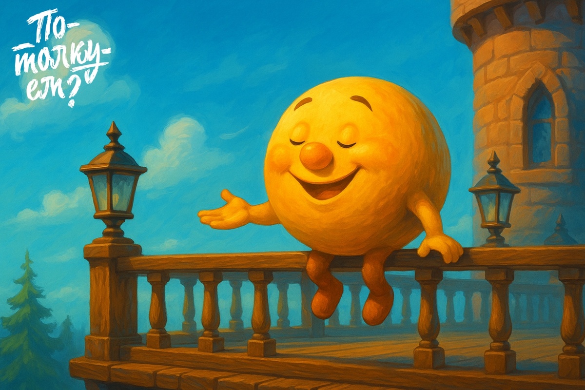 Колобок стоит на деревянной террасе башни и прислушивается к ветру
