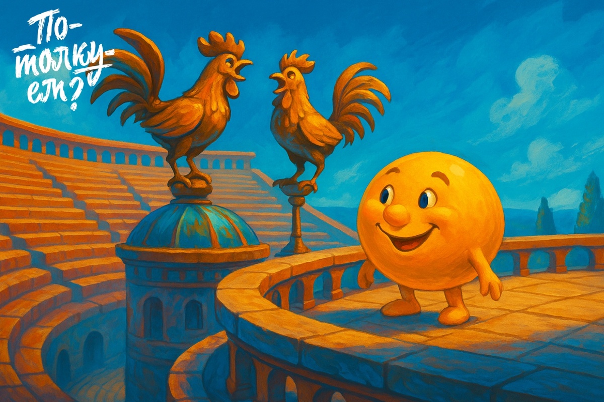 Колобок стоит на крыше амфитеатра и смотрит на двух спорящих петушков
