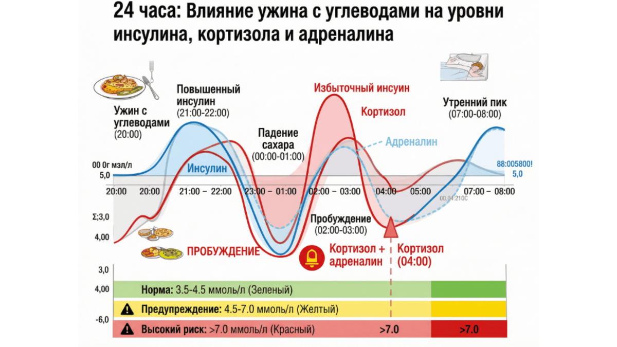 График 24-часового цикла глюкозы и инсулина при ИР показывающий резкий скачок после ужина и падение в 3 ночи с выбросом кортизола