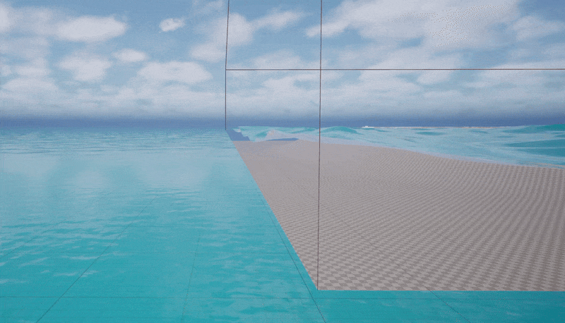 Вид на границе ландшафта: справа — океан с волнами и дном, а слева — сетка, имитирующая воду