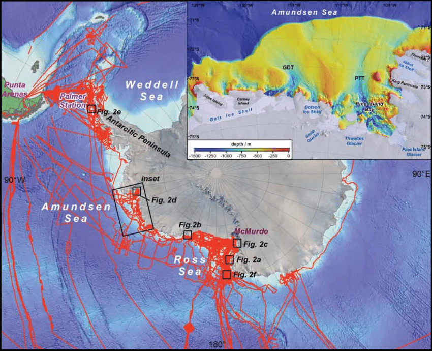 Эта картинка показывает маршруты корабля RVIB Nathaniel B. Palmer и зоны его глубинного сканирования. Обратите внимание, что его наиболее частым, жирным маршрутом является 180 мередиан. И в особенности то его место, где Стена заходит под ледяной шельф!