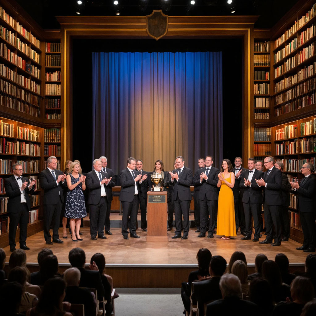 Изображение сгенерировано ИИ. Тут все мои воображаемые друзья пришли на воображаемую книжную премию в воображаемый зал.
