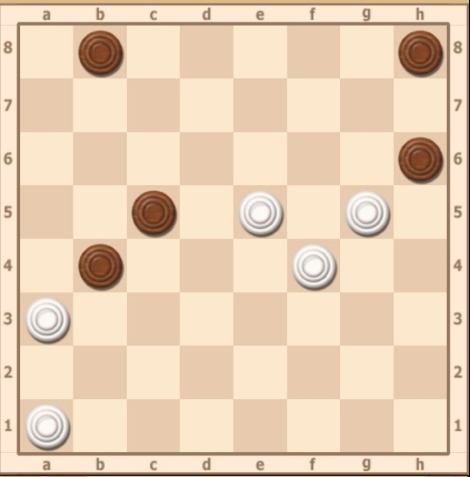 1.b2 c7 2.gf6 b6 3.e7 c3 ... 5.d8 h4 6...g3 7.b6 h2 8.g1X