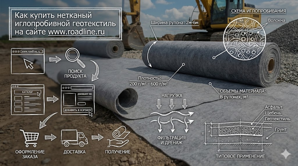 Как купить нетканый иглопробивной геотекстиль на сайте www.roadline.ru