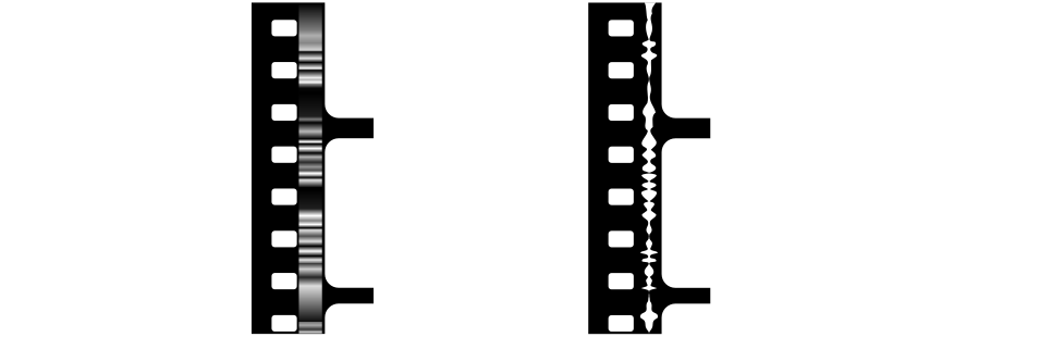 Внешний вид звуковых дорожек на киноплёнке: слева дорожка переменной плотности, справа – переменной ширины