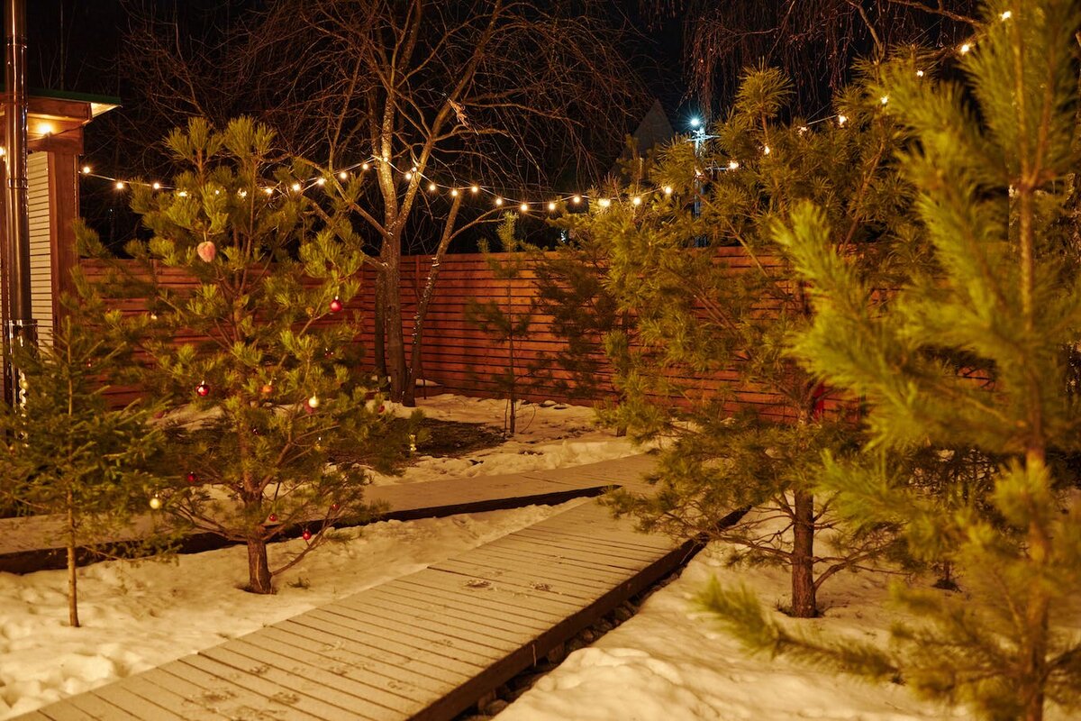 Освещенная дорожка у домика зимой - инфраструктура для безопасного отдыха в Aframe Happy
