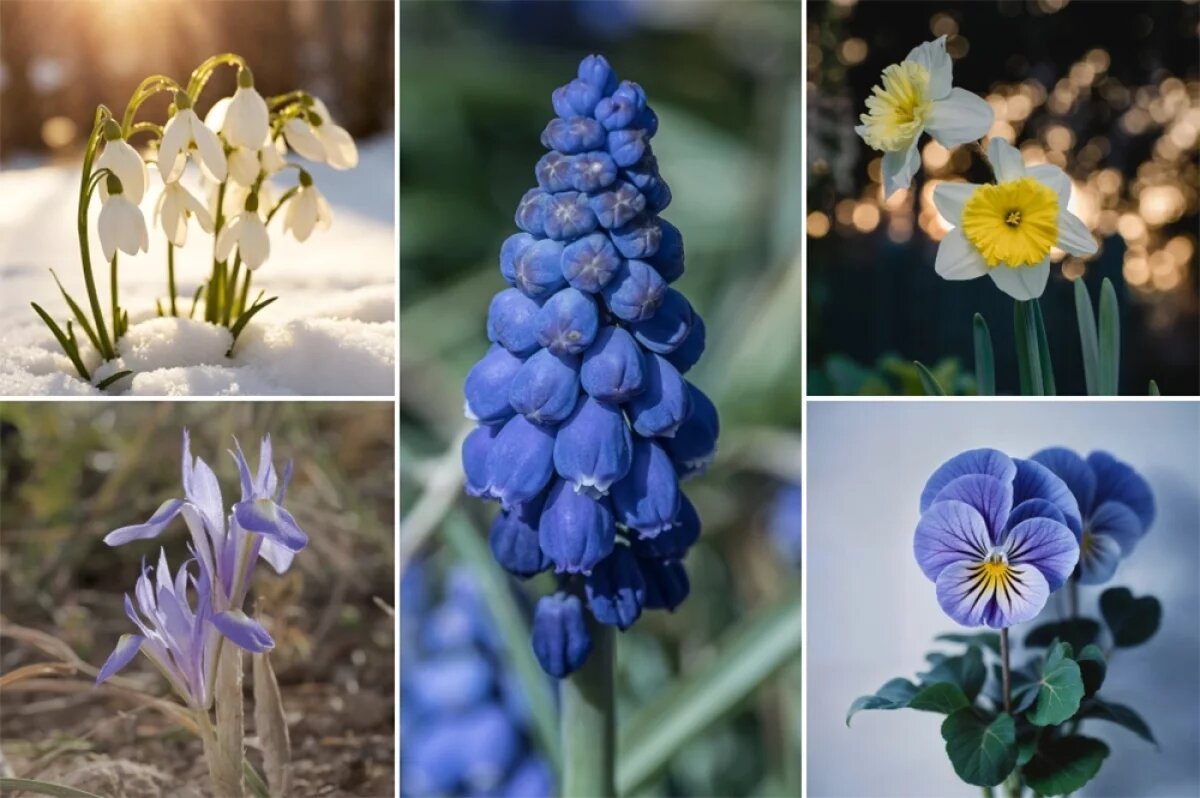    Подснежники, крокусы, мускари, нарцисси, анютины глазки.