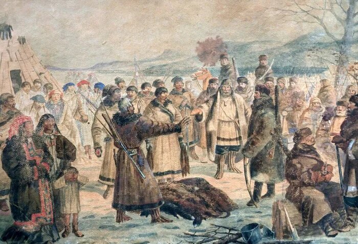 На картине неизвестного художника XIX в.: сбор казаками ясака у сибирских аборигенов