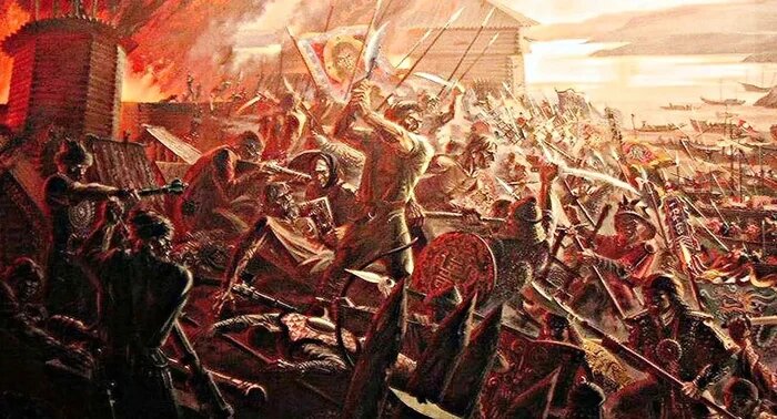 На самом деле это осада Албазина, Комарский острог, наверняка, пожиже был, но темперамент тот же...