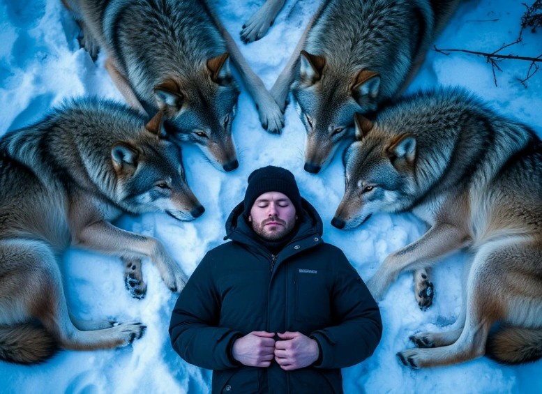 Волчья стая легла кольцом вокруг замерзающего геолога, разделив с ним своё тепло