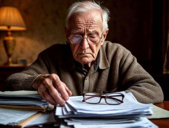 Пожилой мужчина сидит за столом, перед ним — кипа документов 