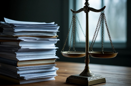 Весы справедливости, на одной чаше — пачка документов, на другой — пустота — метафорическая фотография