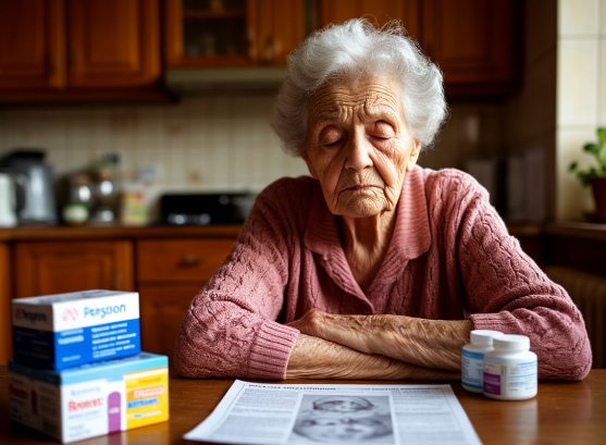 Пожилая женщина сидит за  столом, перед ней — упаковки лекарств и распечатка пенсии