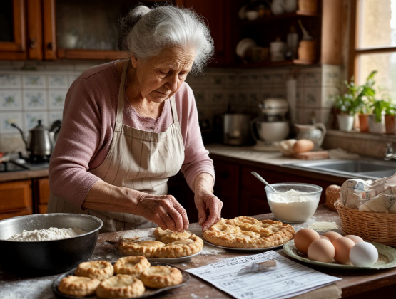 Пожилая женщина печёт пироги на кухне, рядом — список цен на муку, яйца, масло